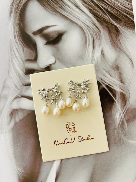 Flower Branch Earrings-Rice shape pearls