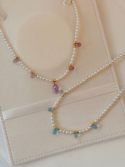 Aquamarine/Amethyst Pearl Necklace