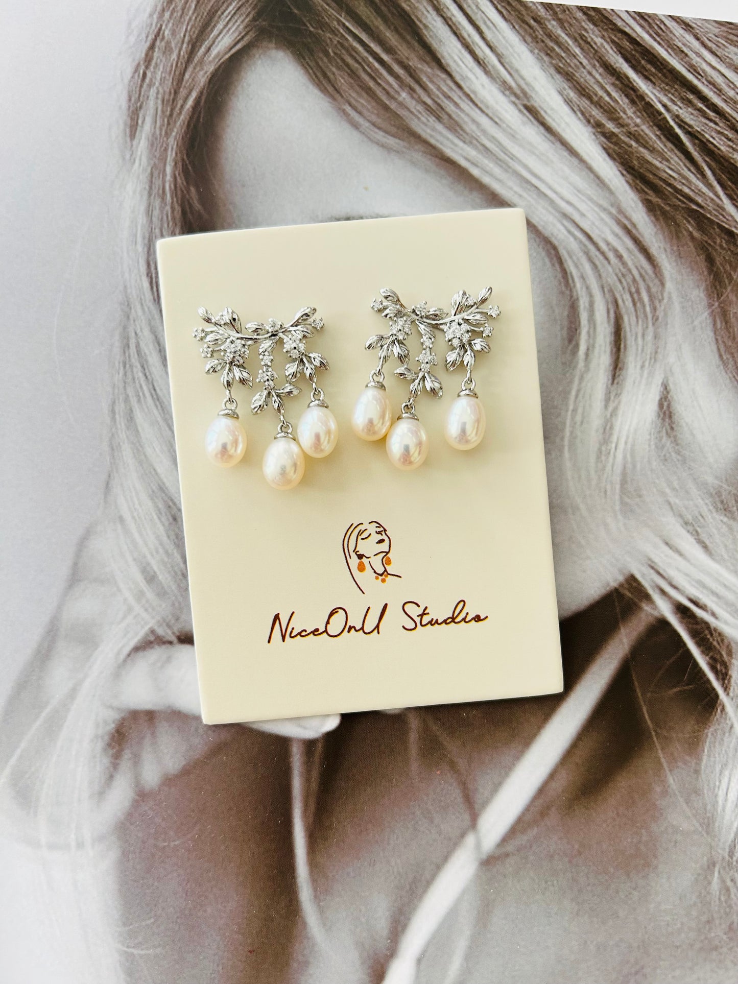 Flower Branch Earrings-Rice shape pearls