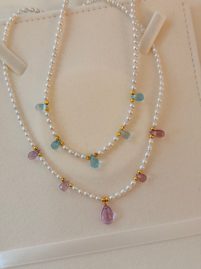 Aquamarine/Amethyst Pearl Necklace