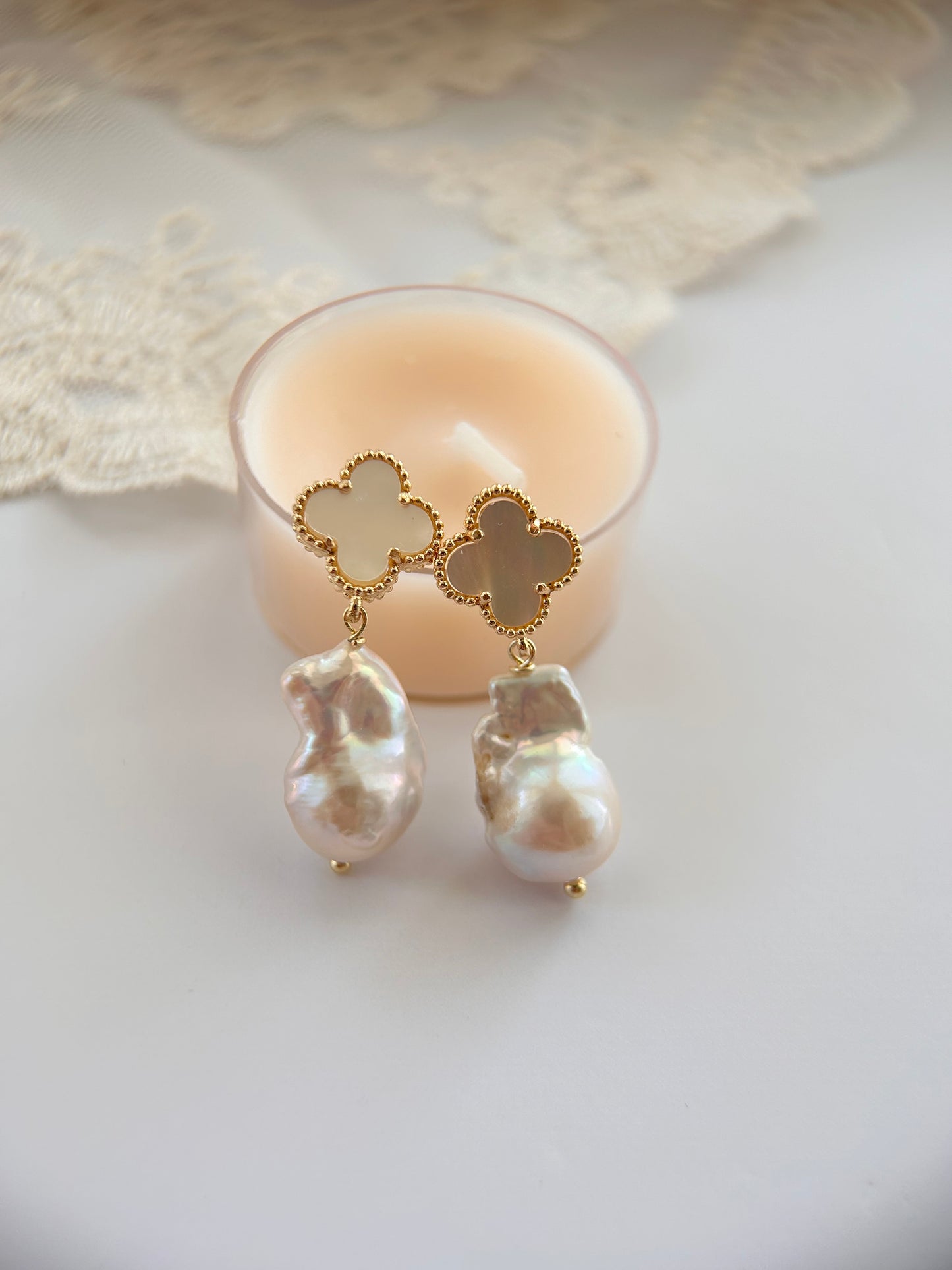 White Big Baroque Freshwater Pearls Four-Leaves Studs