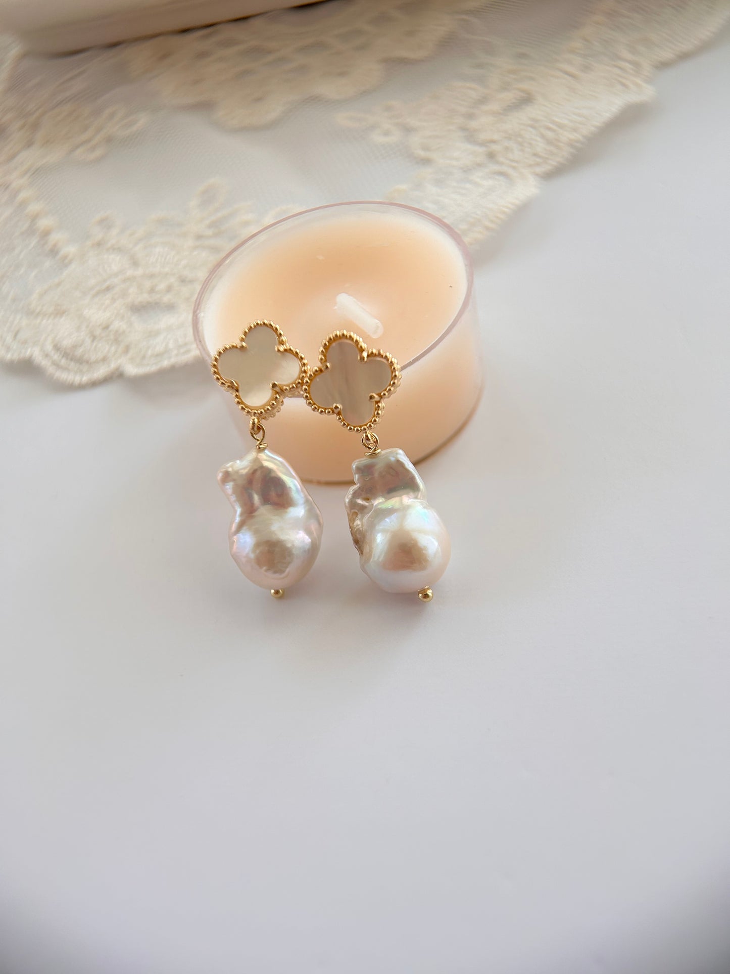 White Big Baroque Freshwater Pearls Four-Leaves Studs