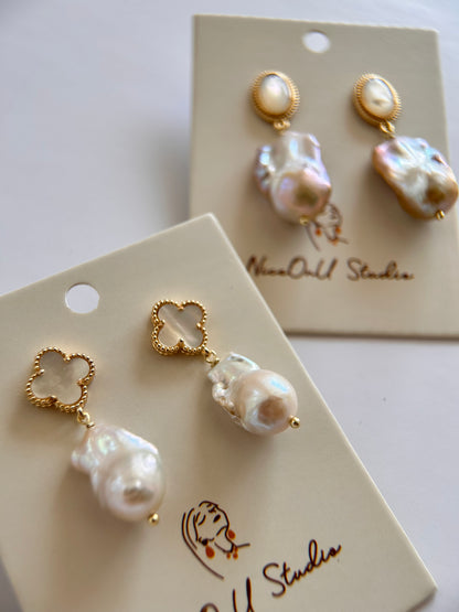 White Big Baroque Freshwater Pearls Four-Leaves Studs