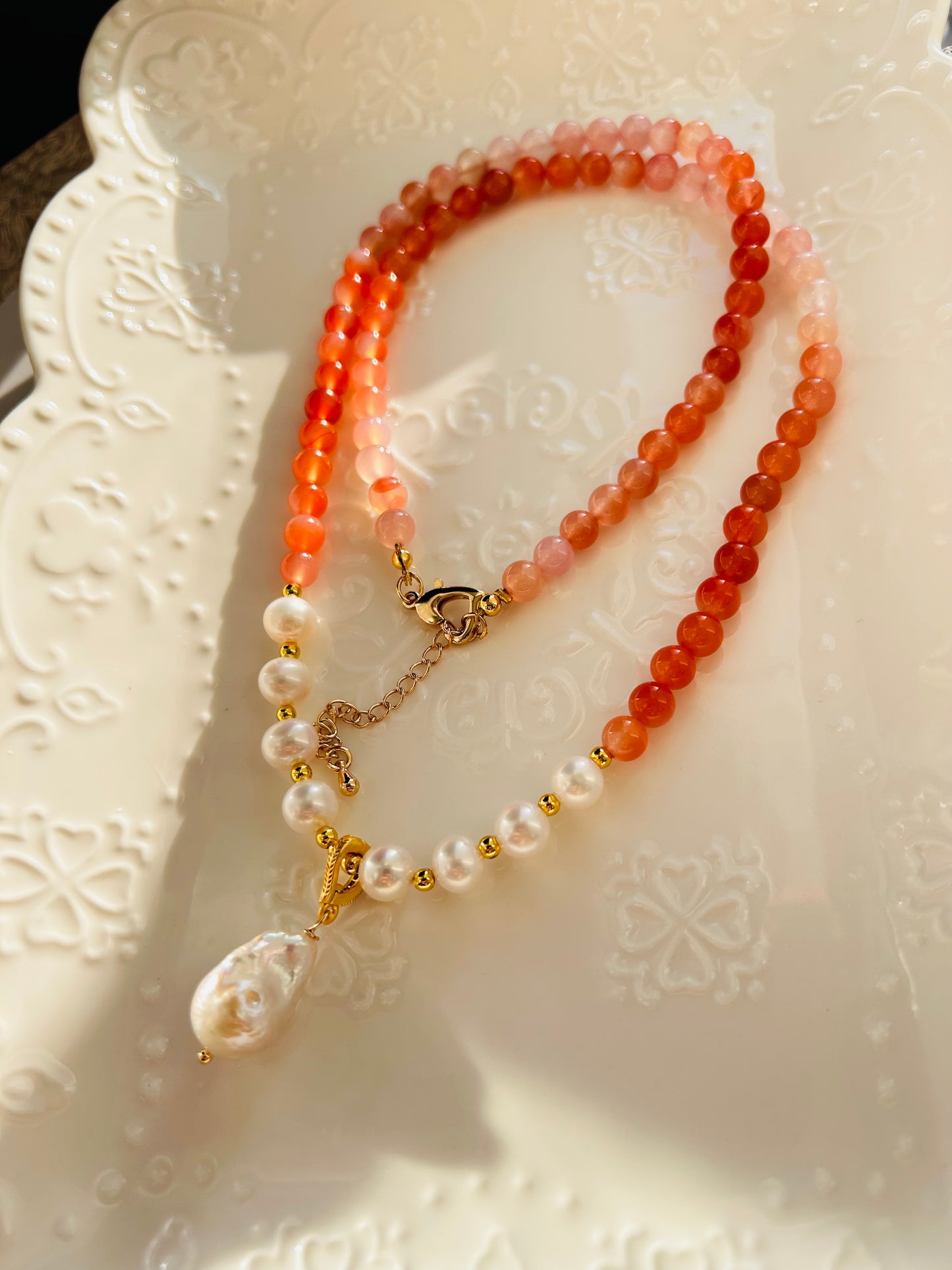 Red Agate Freshwater Pearl Necklace-Long