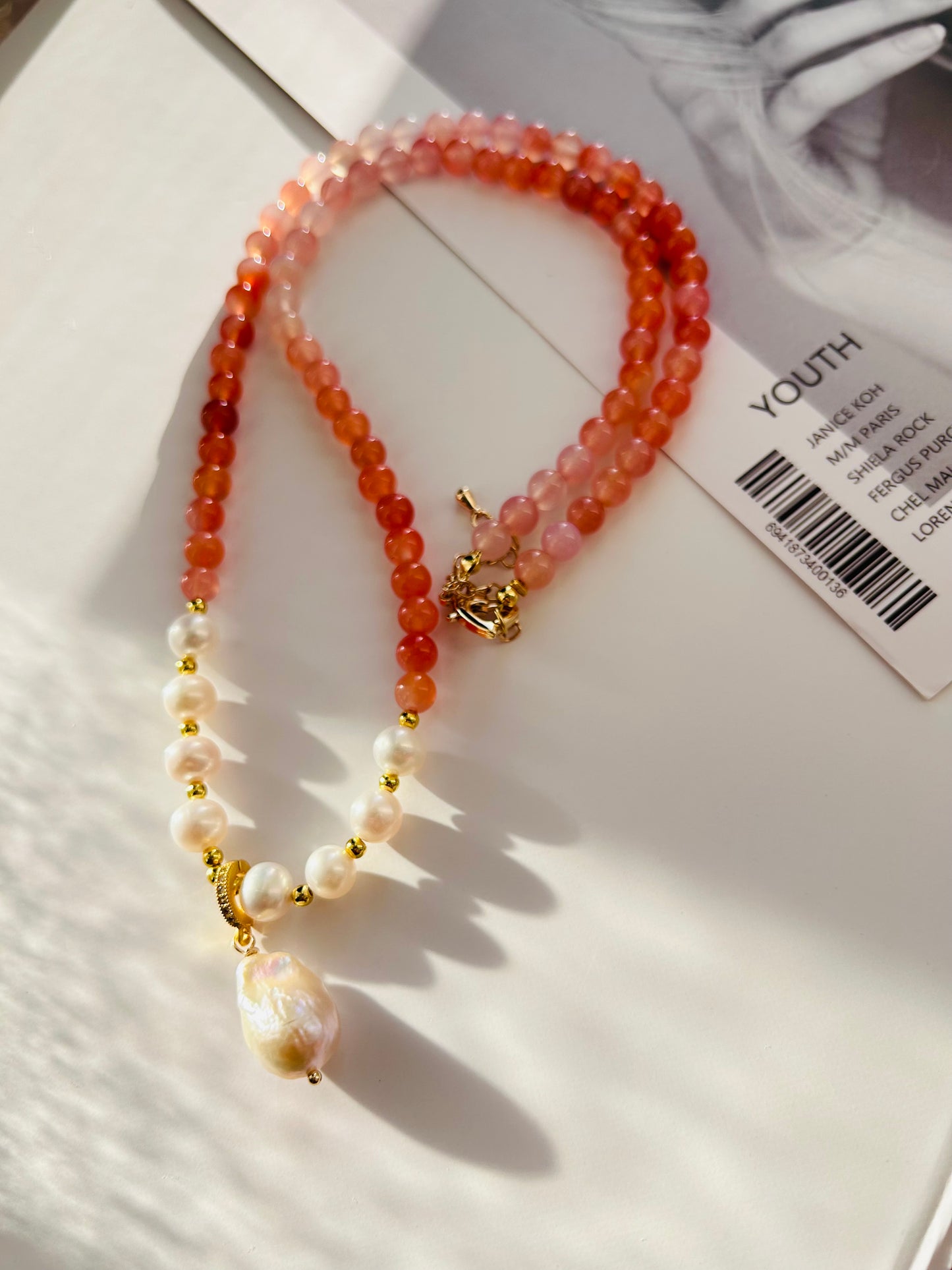 Red Agate Freshwater Pearl Necklace-Long