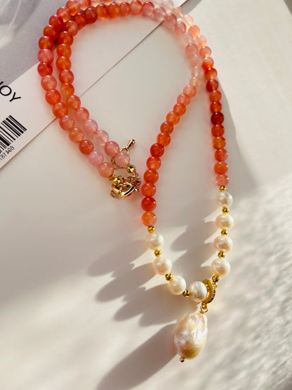 Red Agate Freshwater Pearl Necklace-Long